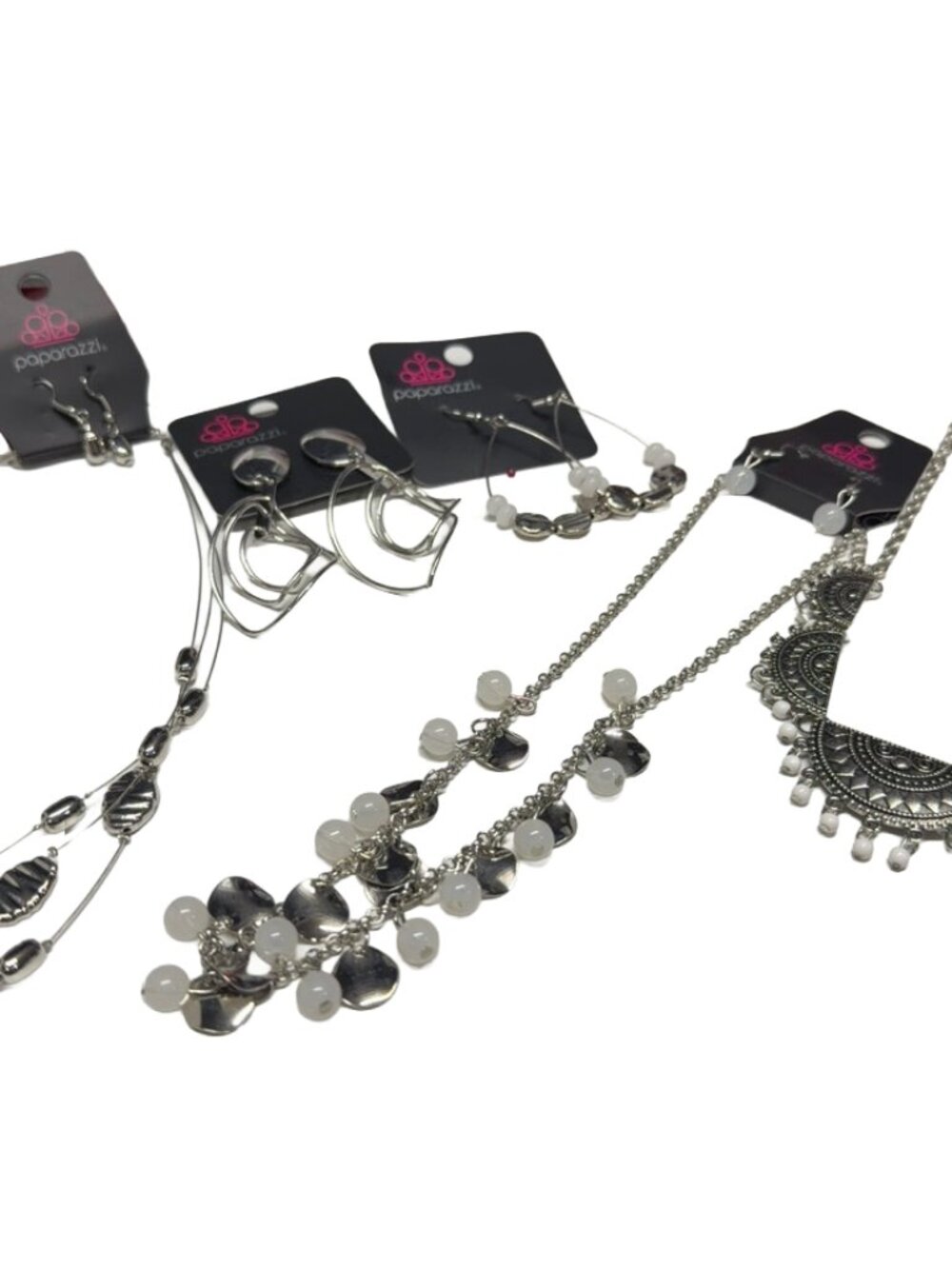 Paparazzi Silver-Tone & White Jewelry Bundle – 3 Necklace Sets + 2 Extra Earring